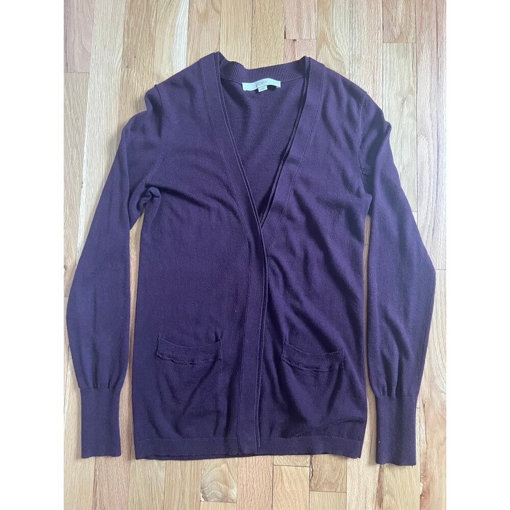 LOFT Lightweight Long Tunic Plum Eggplant Knit Cardigan Girlfriend Style (S)